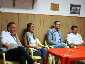 Assemblea pubblica a Vignaia con Michele Baiocco, agronomo di Brunello Cucinelli. Da sinistra Annetti, Maghini, Chiodini e Baiocco