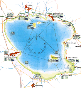 Lago Trasimeno, mappa con darsene, porti e linee di navigazione
